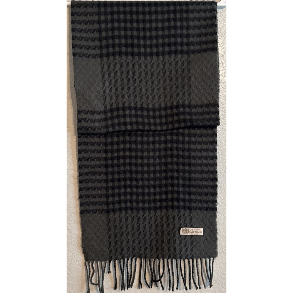 Vintage 100% Cashmere Scarf Made in England Gray Plaid 11.5" X 66" Fringe Unisex